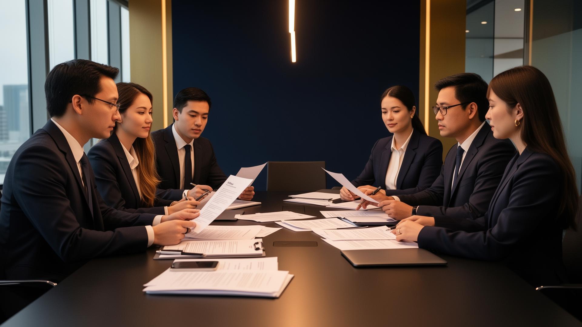 Equipo de consultores revisando documentos laborales